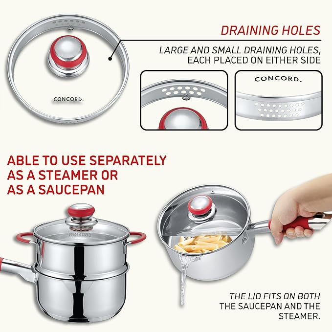 Concord Stainless Steel SIMPLE POUR Saucepan with Steamer Tier. Vented Glass Lid. Features Dual Pouring Spouts and Volume Marking on pot. Perfect for making Sauces, Jam, Ramen, and more (3 Quart)