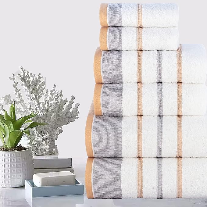 CASA COPENHAGEN White Bay, 6 Pieces Towel Set- White with Beige and Grey Violet Border, 600 GSM, 2Bath, 2Hand, 2Washcloths Egyptian Cotton Towel for Hotel Spa Kitchen Bathroom Kitchen & Shower