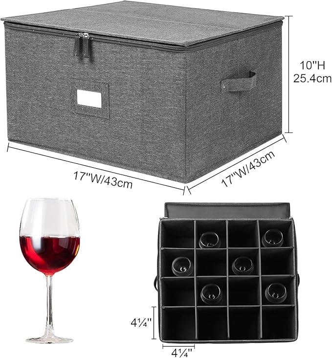 popoly Stemware Storage Cases 2 Pack, Wine Glass Storage Box Containers with Dividers for Glassware or Crystal, Holds 32 Red or White Wine Glasses, Hard Top and Stackable (Grey)