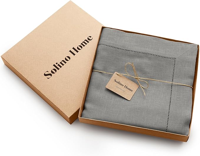 Solino Home Linen Round Tablecloth 70 Inch - 100% Pure Linen Grey Round Tablecloth - Machine Washable Table Cloth - Sonoma Hemstitch