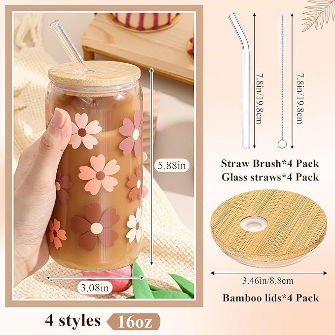 Mumufy Gift for Women Cute Glass Cup Tumbler Flower Iced Coffee Mugs 16 oz Glass with Bamboo Lid & Straw, Mothers Day Birthday Gift for Mom Sister Bridesmaid Baby Shower(4 Pack,Cute Boho)