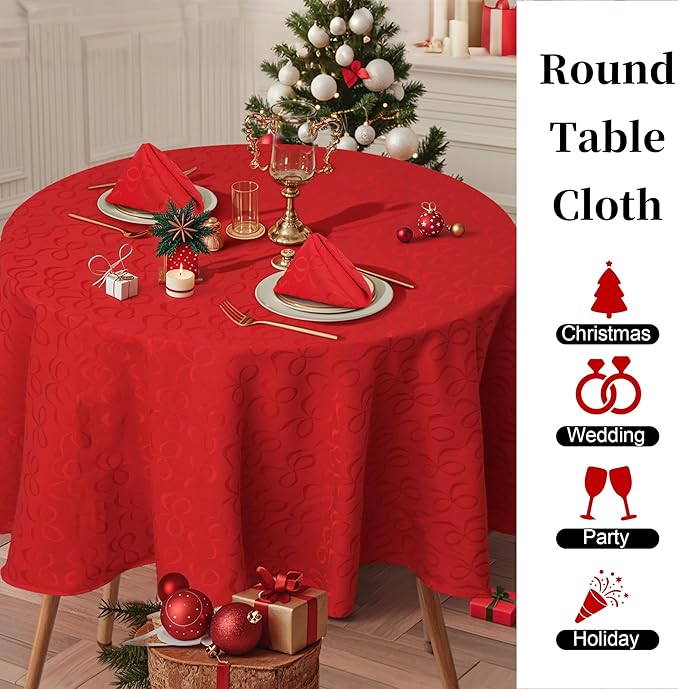 VOOVA & MOVAS Red Round Tablecloth 70" (Seat 4-6), Reusable Table Cloth for 5ft Circle Table, Polyester-Cotton, Washable, 1PC Christmas Holiday Tablecloth with Bow Jacquard