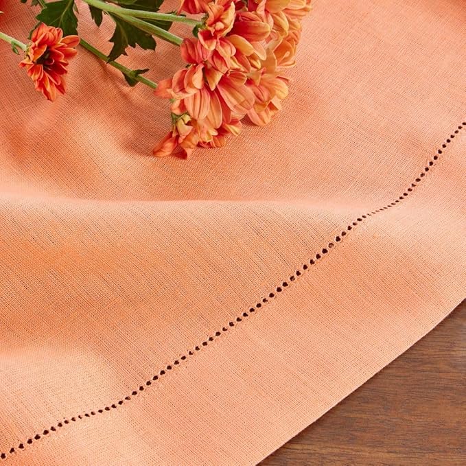 Solino Home Linen Tablecloth for Rectangle Tables 60 x 90 Inch - Classic Hemstitch 100% Pure Linen Coral Table Cloth - Machine Washable Cloth Tablecloth