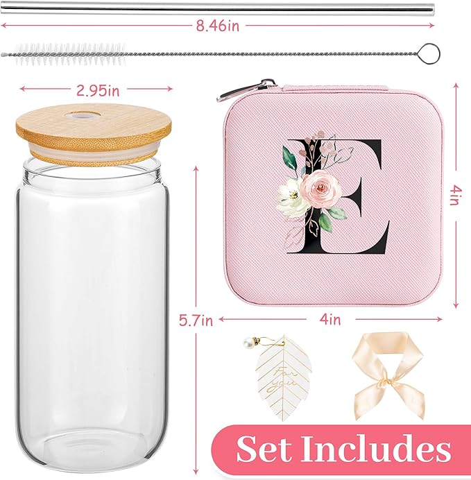 AYGXU Travel Jewelry Cases Organizer,Travel Essentials,Travel Gifts for Women Girls,16oz glass cup with bamboo lid and straw,aesthetic glass cup,Cute Tumbler Cup,Teacher Gifts,Initial E pink