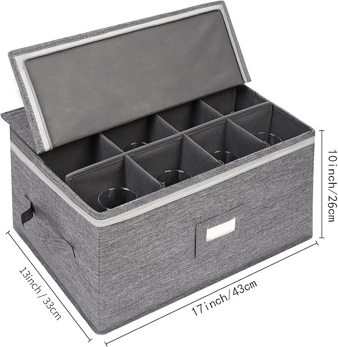 Stemware Storage Cases, Wine Glass Storage Box Containers for Glassware or Crystal, Holds 12 Red or White Wine Glasses, Hard Top and Sides (Grey)