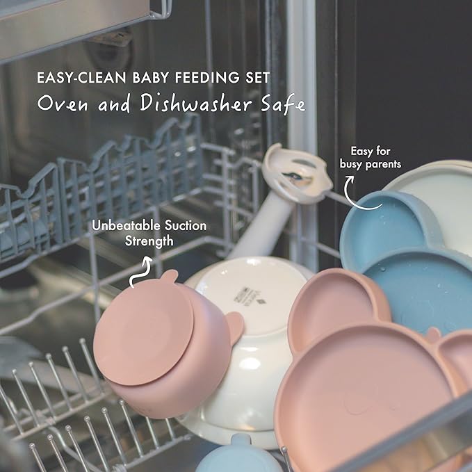 Silicone Baby Feeding Set - Complete Baby Led Weaning Supplies with Non-Toxic Silicone Bibs, Suction Plates, Suction Baby Bowl, Sippy Cup, Baby Spoons and Fork, Toddler Utensils (Baby Sky)