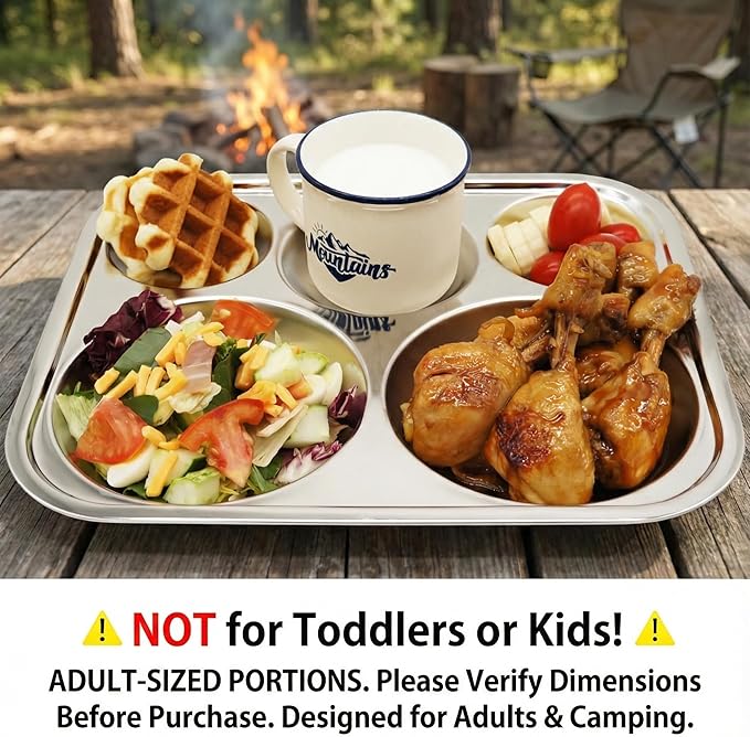 Korean Stainless Steel Divided Plates, Food Grade 304 Tray Large Size for Adults, Teens, Picky Eaters, Campers, BPA Free, Diet Portion Control, Serving Platter, Dinner Snack, Set of 2