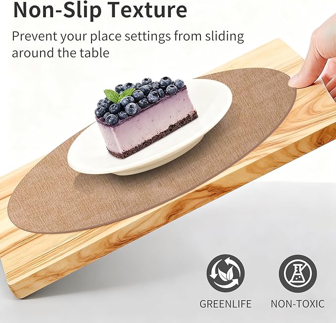 Maxpearl Round Placemats Set of 6, 13.8 inch Faux Leather Heat Resistant Table Mats, Non Slip Waterproof Wipeable Place Mats for Kitchen Dining Holiday Party Table Settings, Brown