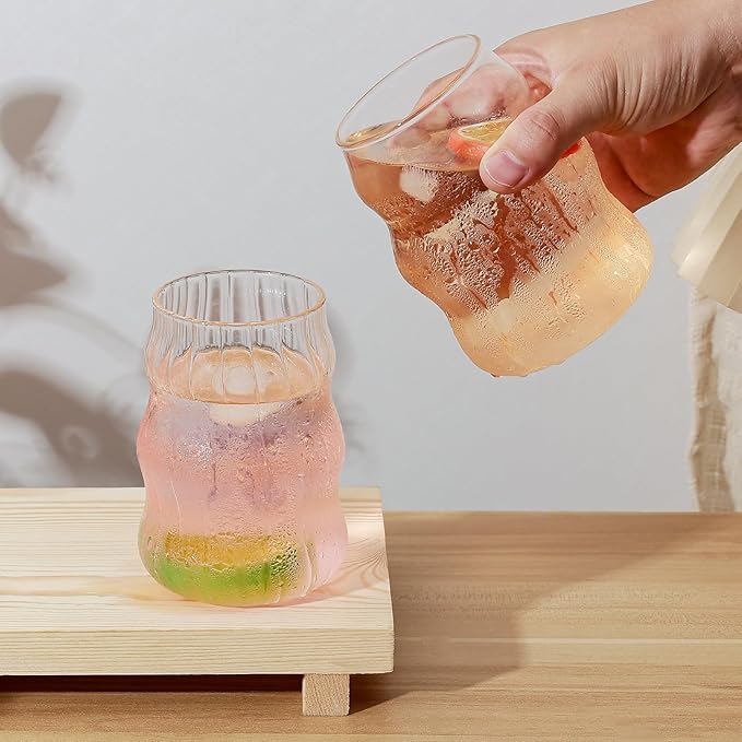 Koythin 2-Piece Ribbed Glass Cups, Vintage Drinking Glassware for Iced Coffee Juice Cocktails Milk Tea Beer, 16 oz/460 ml Cute Bubble Cup with Wave Shape (Cloudy Chubby)