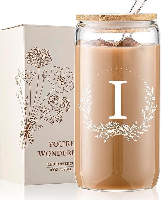 Personalized Gifts for Women, Monogrammed 16oz Glass Cups with Bamboo Lids and Straws, Customized Glass Tumbler, Cute Custom Mug, Customizable Initial Iced Coffee Glasses, Birthday Bridesmaid Mom, I