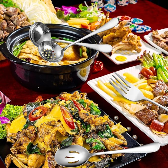 Stainless Steel Serving Utensil Set 10-Piece Buffet Flatware Catering Silverware with Bread Tong,Cake Spatula,Serving Ladles,Salad Fork,Cheese Knife,Large Spoon for Parties Buffet