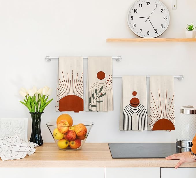 Boho Abstract Red Sunshine Kitchen Towels and Dishcloths Set of 4, Boho Mid Century Modern Abstract Minimalist Sunshine Drying Cloth Hand Dish Tea Towels for Bathroom Kitchen, 16x24 Inches