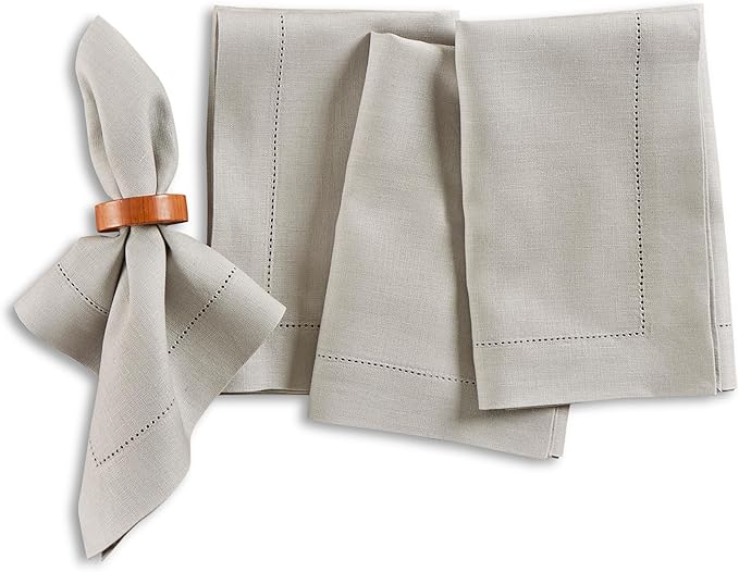 Solino Home Linen Cloth Napkins Set of 4-100% Pure Linen Light Grey Dinner Napkins 20 x 20 Inch - Medium Weight Hemstitch, Handcrafted and Machine Washable