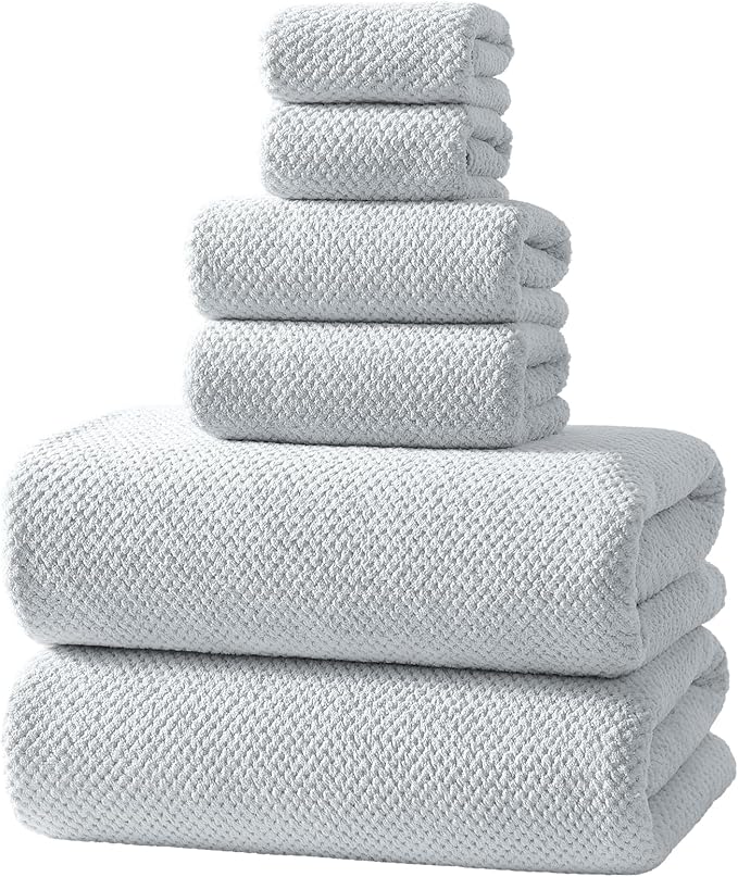 REDKISS 6 Piece Premium Towel Set, 2 Bath, 2 Hand, and 4 Wash Cloths, Ultra-Fiber Coral Fleece, Highly Absorbent Towels for Bathroom, Gym, Hotel, and Spa, Ideal for Everyday use, Light Grey