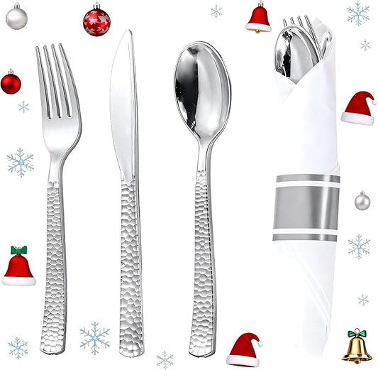 WELLIFE 50 Pack Silver Plastic Silverware,Wrapped Silverware Set Disposable,Hammer Pattern Design,Includes:50 Forks, 50 Knives, 50 Spoons, 50 Napkins,Utensils Plastic Disposable for Christmas