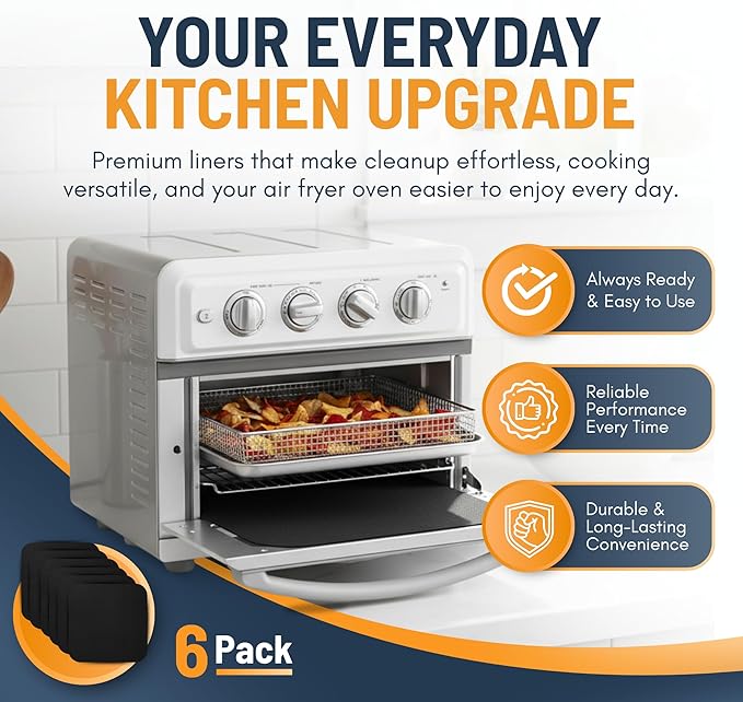 Toaster Oven Liners for Bottom of Oven (6 Pack) Reusable Non-Stick Heat Resistant Toaster Liners, Compatible with Ninja, Cuisinart, Emeril Lagasse & More, Toaster Mat, 12"x12" (Black)