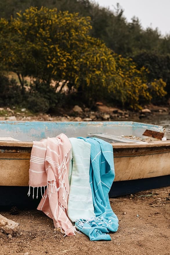 Madamelique Turkish Beach Towel with Beach Bag - 39 x 74 - Prewashed Beach Towels Oversized -%100Cotton - Quick Dry - Sand Free - Hand Loomed Turkish Bath Towels - Unique Absorbent Towel (Blush)