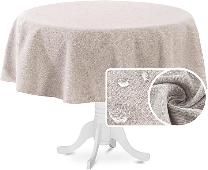 H.VERSAILTEX Linen Textured Tablecloth Round 60 inch Waterproof Decorative Table Cloth Spill-Proof Linen Look Cover for Party Table Extra Soft and Thick Fabric Wrinkle Free, Heather Sand
