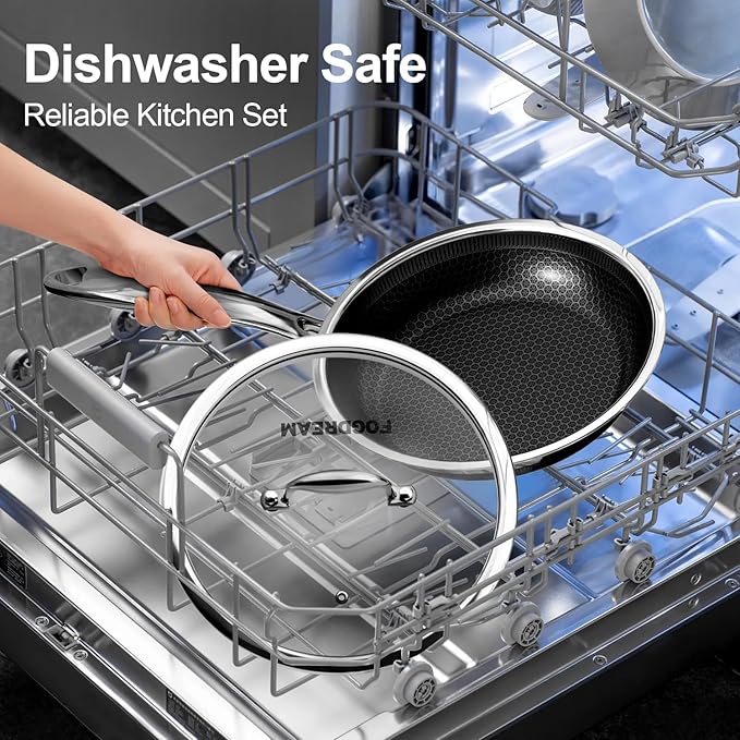 Fogdream 8” Stainless Steel Pan, Non Stick Frying Skillet with Lid, Tri-Ply Stainless Steel for All Cooktops, Dishwasher and Oven-Safe Cooking Pan, Stay-Cool Handle, Silver