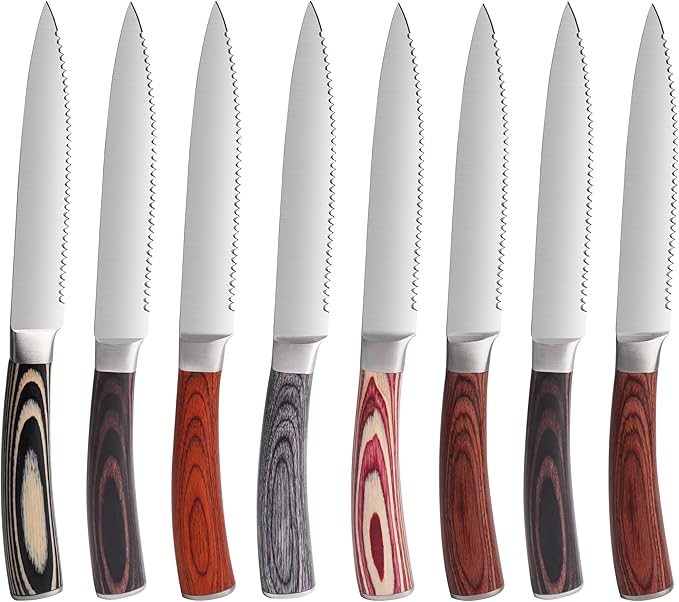 Serrated Steak Knives Set of 8, Stainless Steel Steak Knife Set with Pakkawood Handle, Fine Sharp Edge Dinner Knife with Gift Box, Steak Cutlery Set for Home Party