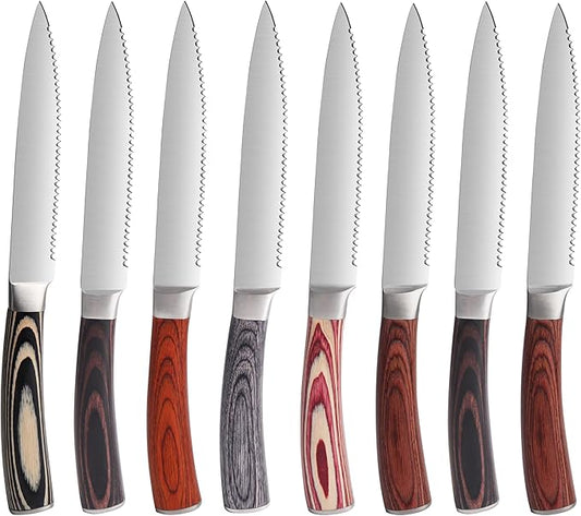Serrated Steak Knives Set of 8, Stainless Steel Steak Knife Set with Pakkawood Handle, Fine Sharp Edge Dinner Knife with Gift Box, Steak Cutlery Set for Home Party