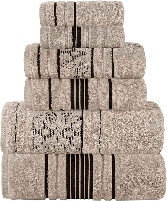 Superior Cotton 6 Piece Assorted Floral Towel Set, Includes 2 Bath, 2 Hand, 2 Washcloth/Face Towels, Quick Dry, Home Essentials, Shower, Spa, Luxury Plush Soft Absorbent Towels, Zero Twist, Stone