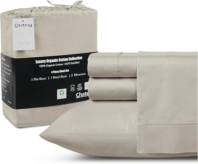 Organic Cotton Sheets Queen Size Bed Set Deep Pockets, 4 PC Cotton Queen Sheet Set, Soft Breathable Sateen Weave Elasticated Sheet & Pillowcase Sets, No Pill & Shrink, Machine washable- Silver