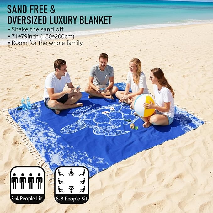 Oversized Turkish Beach Towel Blanket Cotton Giant XL Sandproof Towels Huge Linen XXL Extra Large Big Throw Quilt Blankets for Adults Blue Turtle