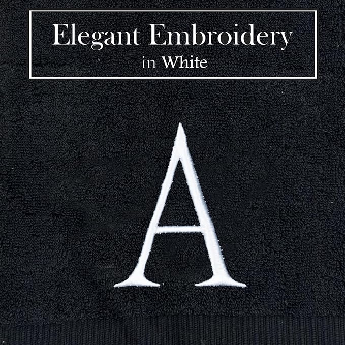 Black Monogrammed Hand Towels for Bathroom- Black and White Luxury Hotel Quality Personalized Initial Decorative Embroidered for Powder Room, Spa-GOTS Organic Certified - Pack of 2, Letter A