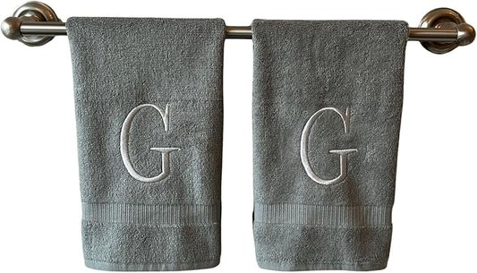 Gray Initial Hand Towel for Bathroom - Monogrammed Luxury Hotel Quality Decorative Embroidered Towel for Powder Room, Spa - GOTS Organic Certified - Set of 2 Silver Letter G