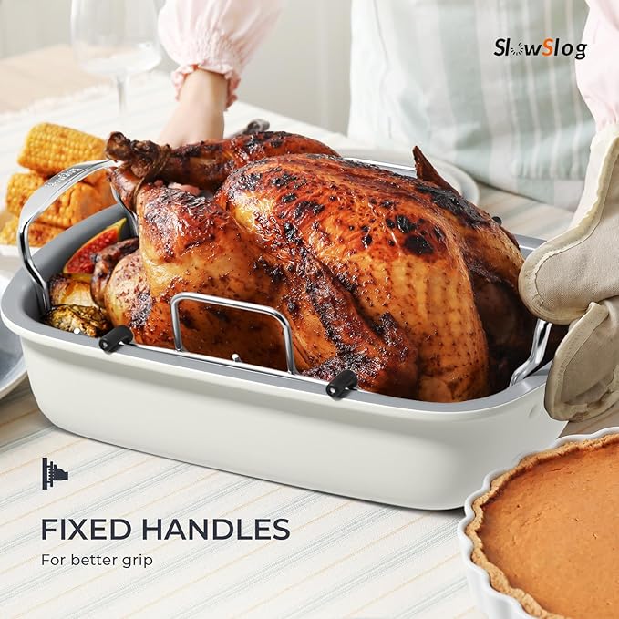 Roasting Pan, 17 Inch x 13 Inch Roaster with Removable Rack, Nonstick Roaster Pan for Roasting Turkey, Meat & Vegetables (Beige)