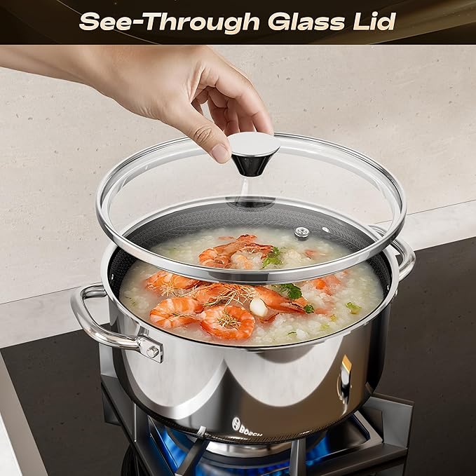 Hybrid Nonstick 4-Quart Stockpot,9.5 Inch Stainless Steel Stockpot with Glass Lid,PFAS PFOA PTFE Free, Dishwasher-Friendly,Oven-Safe Up to 600°F,Non-stick Soup Pot Compatible with All Cooktops