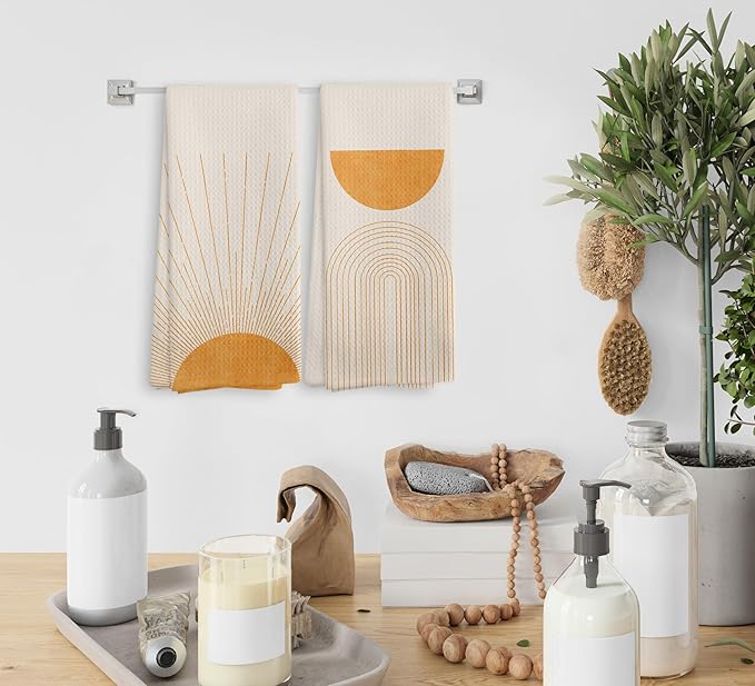 Beige Orange Abstract Sunrise Kitchen Towels and Dishcloths Set of 2, Bohemian Sun Decorative Towels, Orange Moon Drying Cloth Hand Towels for Bohemian Bathroom Kitchen Decor, 16×24 Inches