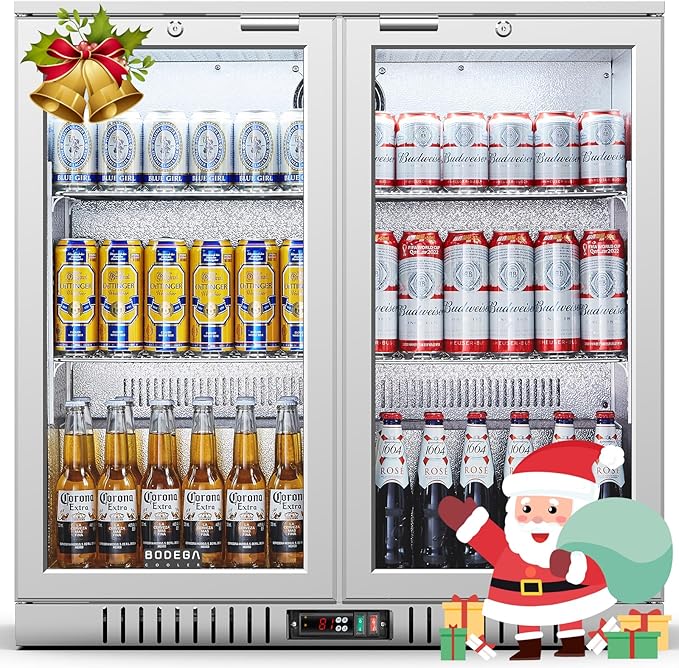 BODEGA BODEGACOOLER Back Bar Cooler With 2 Glass Doors,7.4 Cu.Ft Stainless Steel Commercial Back Bar Fridgewith LED Lighting, Counter Height Bar Beverage Cooler for Beer,Soda Drinks,Wine