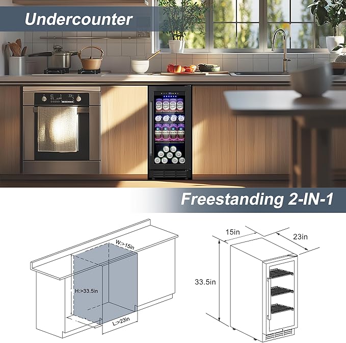 Beverage Refrigerator Cooler, 15 Inch 130 Cans Under Counter Refrigerator Beer Fridge with Glass Door, Adjustable Shelves and LED Light, Bulit-in Soda Fridge for Bedroom Office Bar