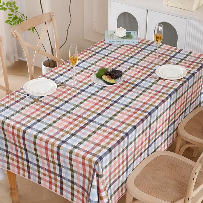 Heavy Duty Vinyl Tablecloth with Flannel Backing Waterproof Oil-Proof Plastic Table Cloth Stain-Resistant Wipeable Rectangle or Square Table Cover for Indoor and Outdoor (Color Checkered，60x102 Inch)