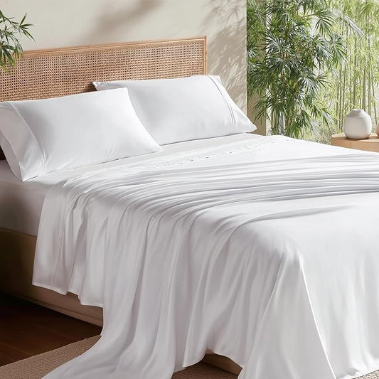 Bedsure California King Sheet Sets, Cooling Sheets, Rayon Derived from Bamboo, Deep Pocket Up to 16", Breathable & Soft, Hotel Luxury Silky Bedding for Hot Sleepers, White