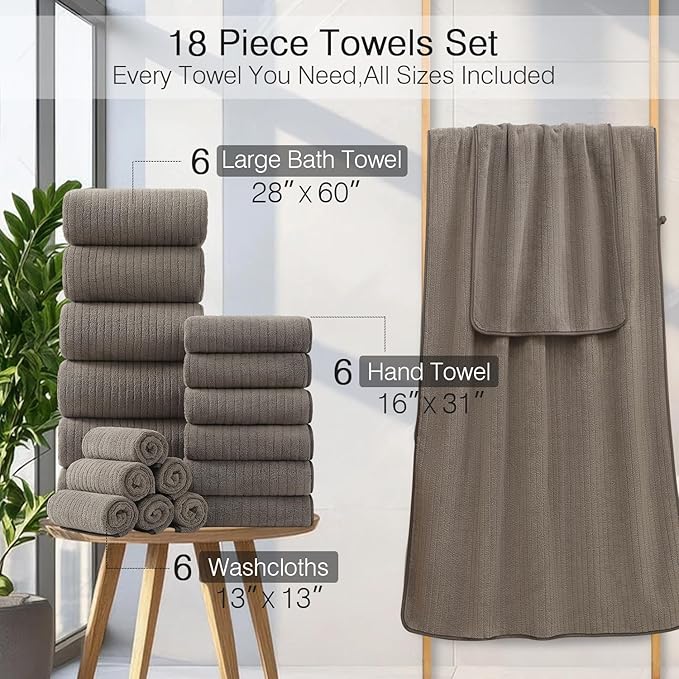 18 Piece Family Bath Towel Set Include 6 Bath Towels,6 Hand Towels and 6 Washcloths Soft Bathroom Towel with Hanging Loops,Highly Absorbent Quick Dry Towels Set for Bathroom,Hotel and Spa-Brown