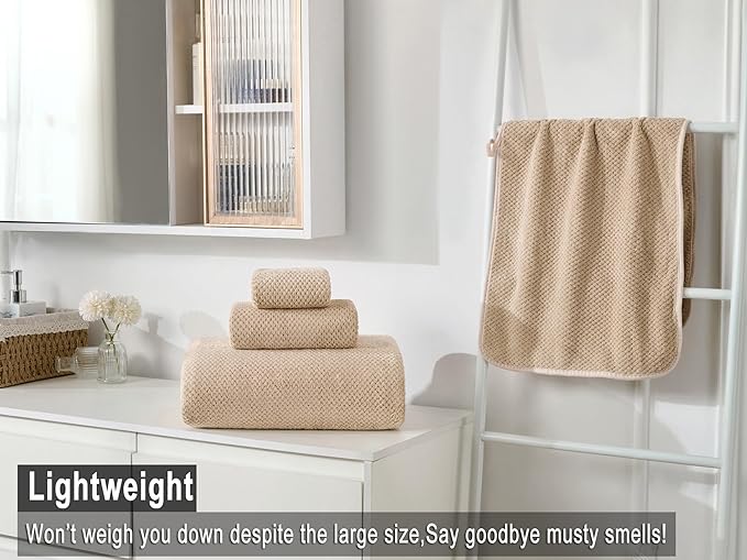 Large Bath Towels Set 30x60 Inches Super Soft Absorbent Quick Dry Luxury Microfiber Shower Towels for Bathroom-Beige, Pack of 3