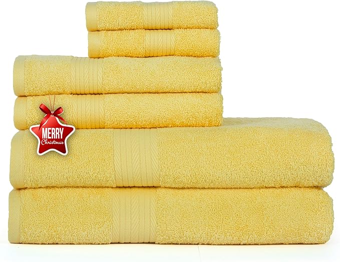 Ample Decor 100% Cotton 6 Piece Bathroom Towels Set, 2 Bath Towels, 2 Hand Towels, 2 Washcloths, Quick Drying - Yellow Towel Sets