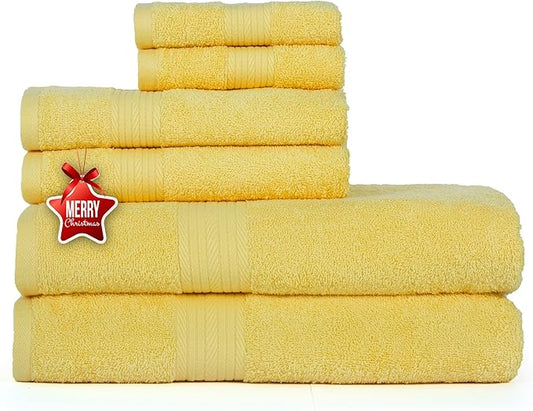 Ample Decor 100% Cotton 6 Piece Bathroom Towels Set, 2 Bath Towels, 2 Hand Towels, 2 Washcloths, Quick Drying - Yellow Towel Sets