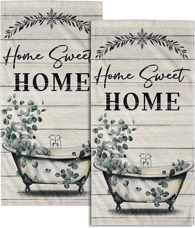 Imiss Home Sweet Home Hand Towels Set of 2 - Green Leaves Bathroom Towel 14.4 x 28.3 Inch Vintage Style Bathtub Kitchen Dishcloth Farmhouse Fingertip Towel for Gym Yoga Spa Bathroom