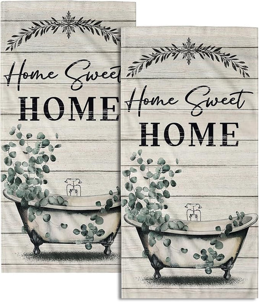 Imiss Home Sweet Home Hand Towels Set of 2 - Green Leaves Bathroom Towel 14.4 x 28.3 Inch Vintage Style Bathtub Kitchen Dishcloth Farmhouse Fingertip Towel for Gym Yoga Spa Bathroom