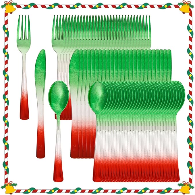 LIYH 120 Pcs Christmas Plastic Silverware - Green and Red Plastic Silverware for Xmas, Gold Cutlery Disposable for Christmas Day Holiday, Gathering