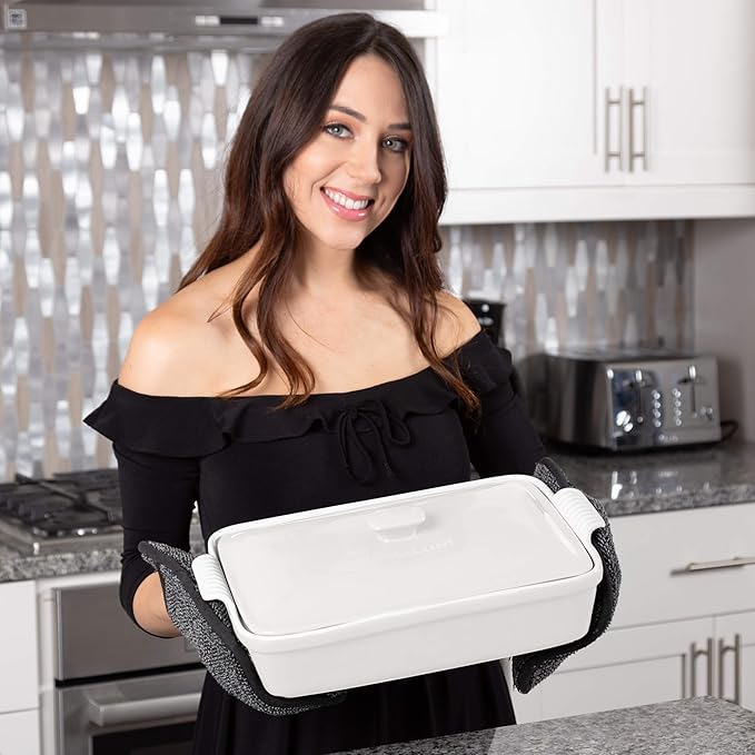 Stoneware Casserole Dish Bakeware Set with Lid, Covered Rectangular Dinnerware, Extra Large 4.23 Quart, 13 by 9 Inch, Bianco [White]