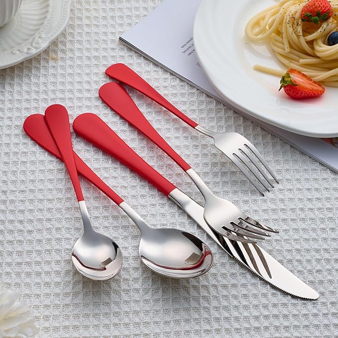 20 Piece Red 18/0 Flatware Utensil Set for 4, Include Dinner Knife,Dinner Forks,Dinner Spoons,Salad Forks,Teaspoons,Silverware Set for 4, Dishwasher Safe