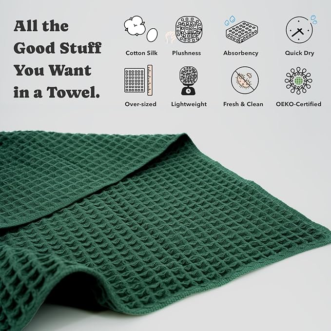 Luxury Organic Japanese Cotton Waffle Bath Towel | Thick, Absorbent, Quick Dry Bathroom Towels for Shower, Sauna, Onsen| Hotel & Spa Quality, Gift-Ready (Forest Green, Bath Towel, 55" x 34")