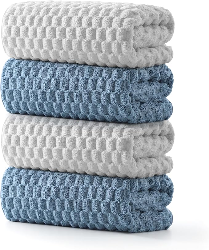 REDKISS Microfiber Bath Towels Set of 4-27x55 Inch Large Waffle Bath Towels for Body, Highly Absorbent, Super Soft, Lint Free Fluffy Shower Towel for Bathroom, Gym, Lightweight Towel Set Blue & Gray