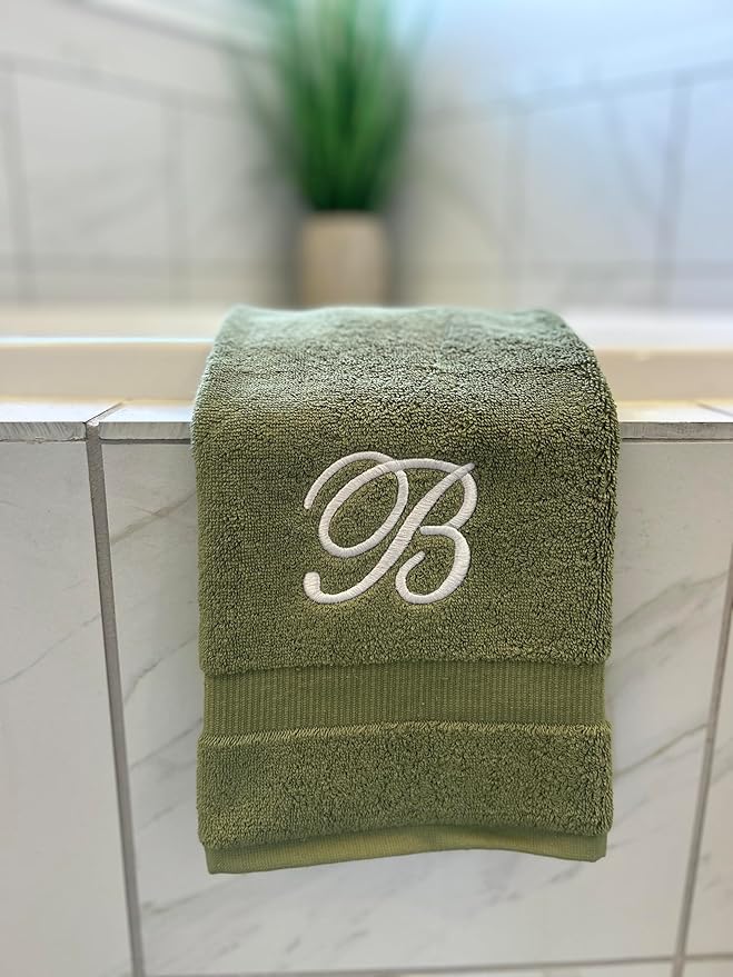 Sage Monogrammed Hand Towels for Bathroom - Luxury Hotel Quality Personalized Initial Embroidered Towel for Powder Room, Spa - GOTS Organic Certified - Set of 2 White Letter K