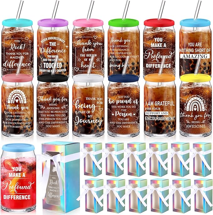 Layhit 12 Set Employee Appreciation Gifts Thank You Glass Cups for Staff Coworker 16 oz Can Shaped Beer Glass with Lids Straws Brushes Gift Boxes Ribbon for Nurse Teacher Week Mothers Day(Team B)